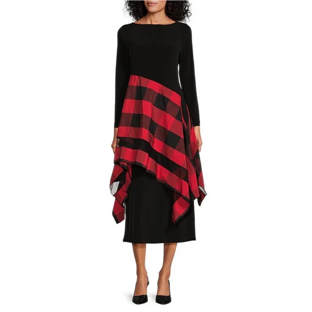 IC COLLECTION Checkered Black Red Boat‎ Neck Asymmetrical Layer Mix Dress Large